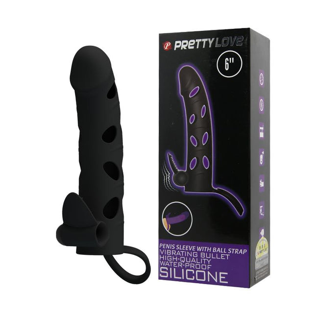 PRETTYLOVE Cock Sleeve with Bullet Black – еластична пенис ръкавица с вибрация