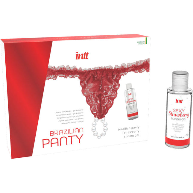 INTT RELEASES Brazilian Red Panty – дантелени бразилски прашки с перли и лубрикант 50 мл