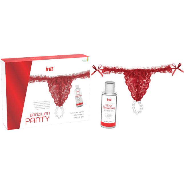 INTT RELEASES Brazilian Red Panty – дантелени бразилски прашки с перли и лубрикант 50 мл