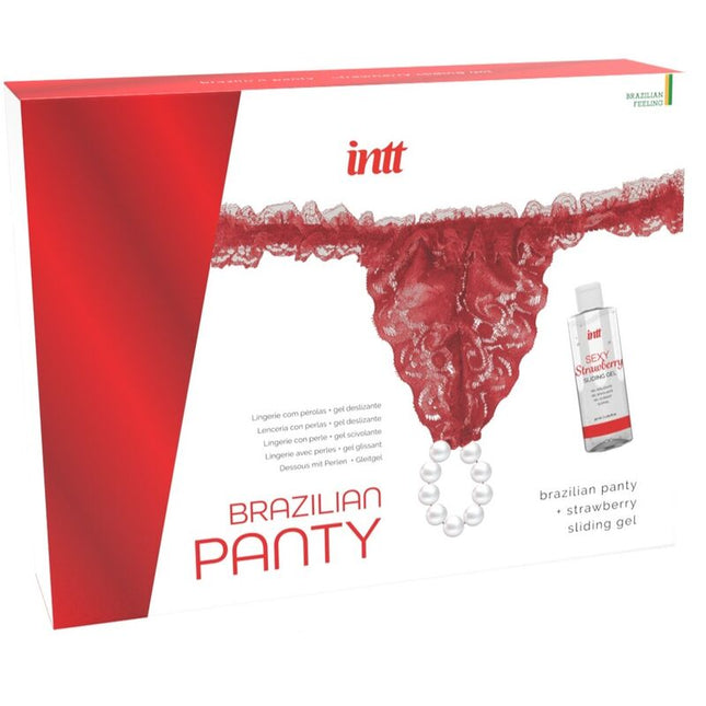 INTT RELEASES Brazilian Red Panty – дантелени бразилски прашки с перли и лубрикант 50 мл