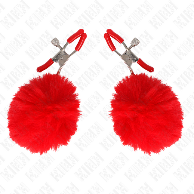 KINK Faux Fur Ball – регулируеми щипки за зърна с червени пухчета, 6 см