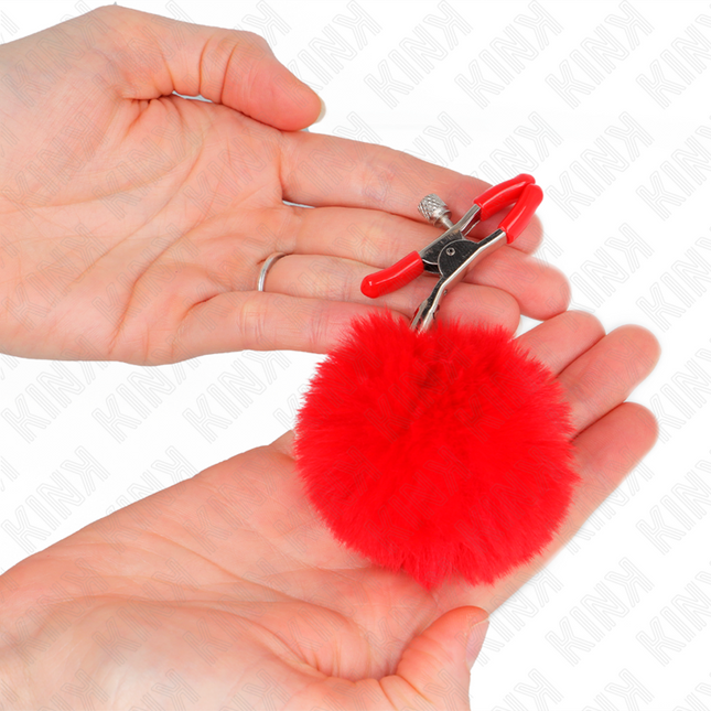 KINK Faux Fur Ball – регулируеми щипки за зърна с червени пухчета, 6 см