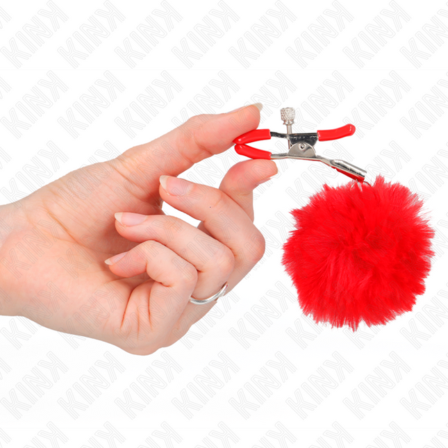 KINK Faux Fur Ball – регулируеми щипки за зърна с червени пухчета, 6 см