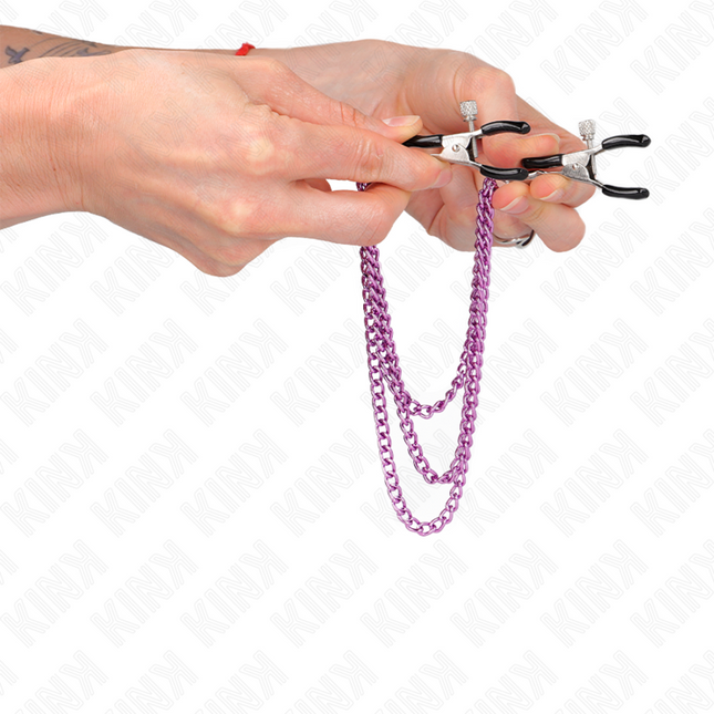 KINK Nipple Clamps с 3 верижки – регулируеми щипки за зърна, лилави