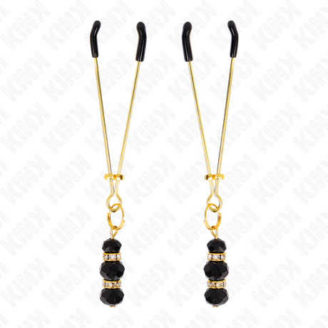 KINK - GOLD THIN NIPPLE CLAMPS WITH 3 BLACK GLASS BEADS 7 CM