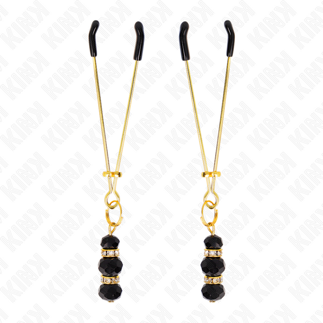 KINK Gold Thin – тънки щипки за зърна с черни стъклени топчета, 7 см