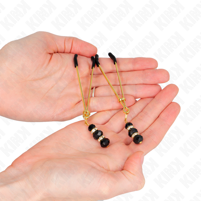 KINK Gold Thin – тънки щипки за зърна с черни стъклени топчета, 7 см
