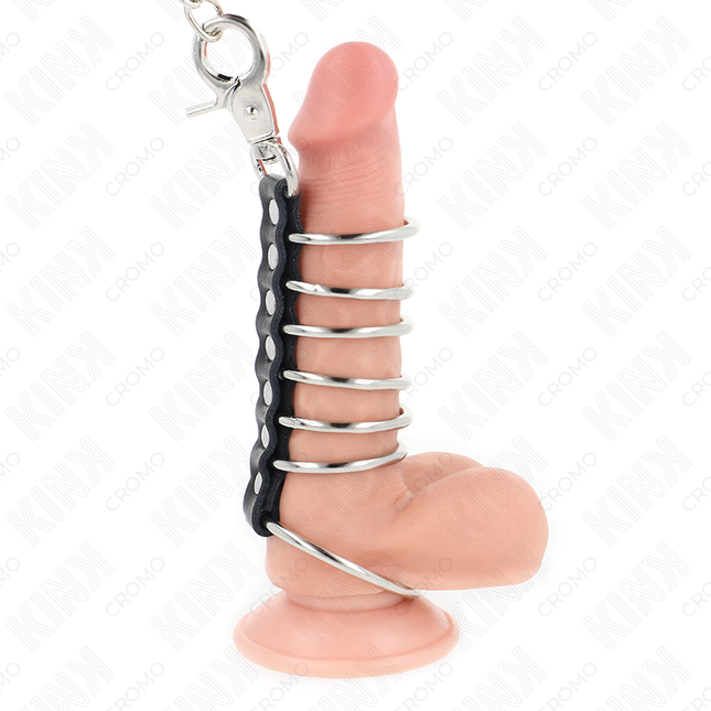 KINK RING POWER – комплект 7 метални пенис пръстена с кожена връзка и метална верига