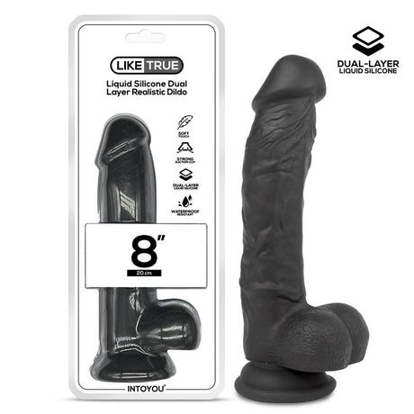 LIKETRUE Realistic Dildo Liquid Silicone Dual Layer 8 Black – хиперреалистичен дилдо с двойна силиконова структура