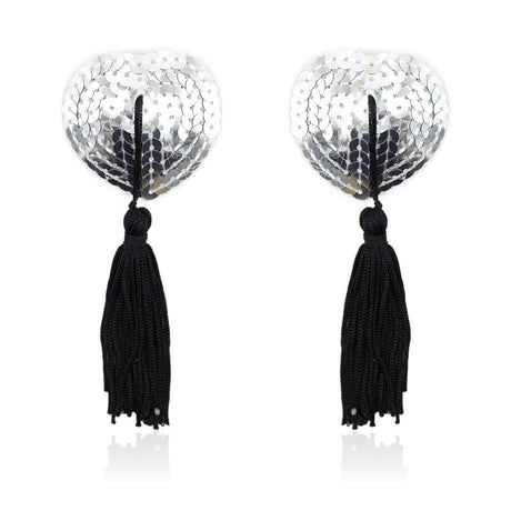 Self-Adhesive Heart Sequin Nipple Cover with Tassel Silver/Black