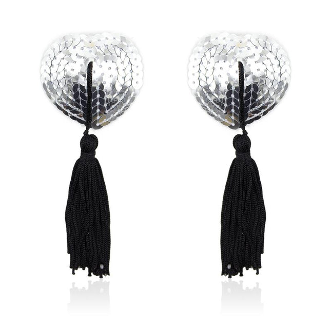 Self-Adhesive Heart Sequin Nipple Cover with Tassel Silver/Black