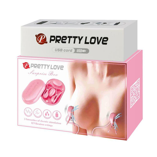 PRETTYLOVE Surprise Box – вибриращо яйце и електрошок щипки за зърна, розово