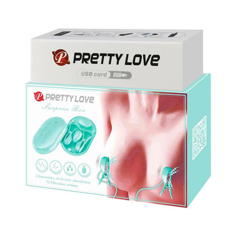 PRETTYLOVE Surprise Box – вибриращо яйце с електрошок щипки за зърна, синьо