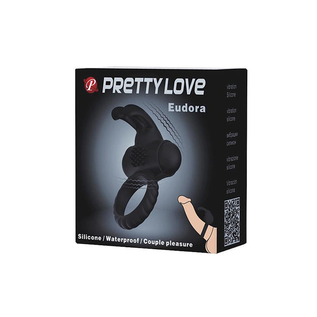 PRETTYLOVE Eudora Black – вибриращ пръстен с клиторен стимулатор